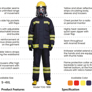 Fireman FIGHTING SUIT ,with DuPont™ NOMEX®, an inherently heat-resistant and flame-resistant, designed to react in an emergency. tested to EN 469 by BTTG (UK) and NFPA 1971 by (USA) for compliance with the Int fire safety standard, SW brand.